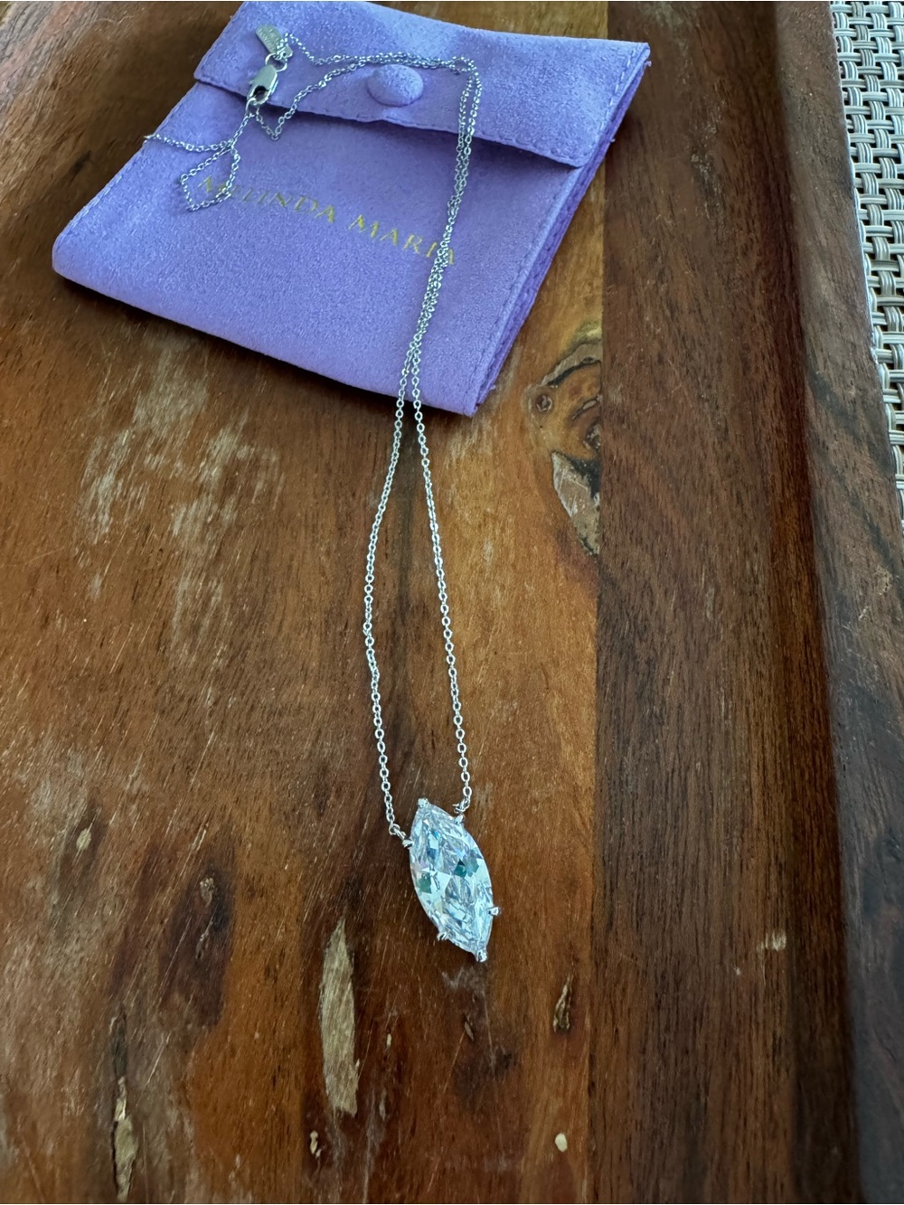 Melinda Maria Marquise Solitaire Adjustable Necklace in Silver New with Pouch